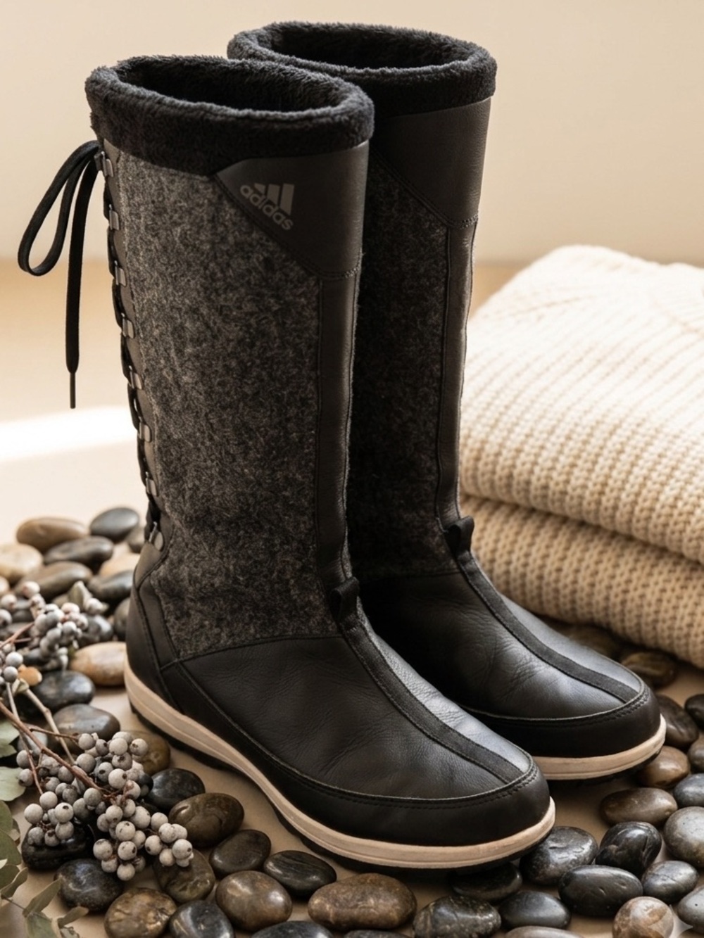 Adidas Tall Leather & Felt Winter Boots - Black/Grey - Women's Size 6.5